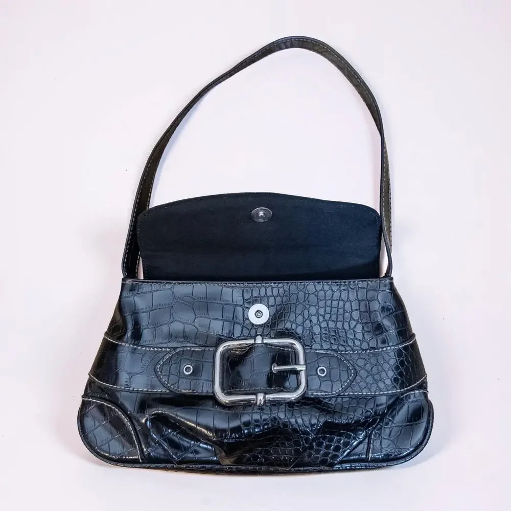 Y2K Apt. 9 Black Croc Embossed Buckle Shoulder Bag